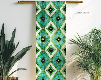 Green Diamond Ikat Fabric – Turquoise Velvet Cloth – Handwoven Geometric Textile – Upholstery Fabric By The Yard – Silk Cloth