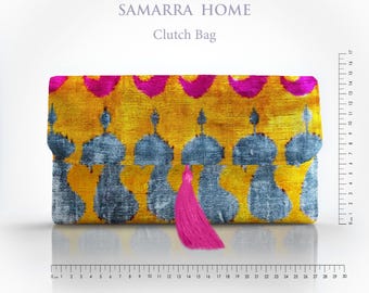 Orange Pink Silk Velvet Clutch Bag with Tassel: Handwoven Peacock Ikat Evening Purse