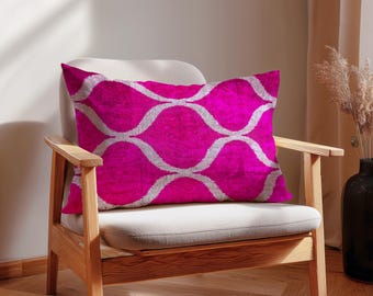 Fuchsia Pink Ikat Velvet Throw Pillow Cover – Silk Velvet Blend Geometric Cushion