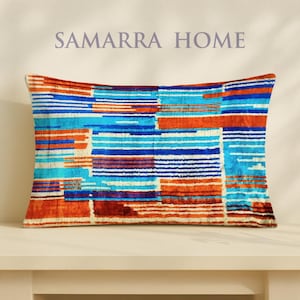 Ljubljana – Turquoise Rust Ikat Pillow – Contemporary Velvet Cushion – Handwoven Accent – Modern Abstract Design – Eclectic Home Decor