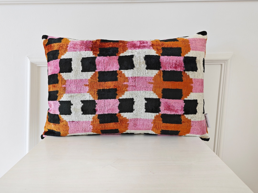 Pink Orange Pillow Cover, Geometric Ikat Velvet Pillow, Silk Ikat