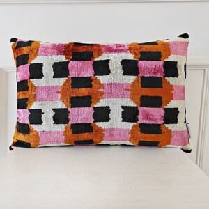 Pink Orange Pillow Cover, Geometric Ikat Velvet Pillow, Silk Ikat Pillowcase, Beige Throw Pillows, Pink Lumbar Pillows, Pastel Cushion