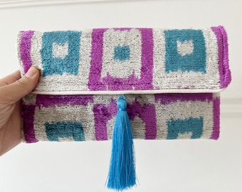 Pink Blue Handbag, Pink Squares Clutch Bag, Ikat Clutch Bag, Velvet Clutch Bag, Evening Bag, Mini Bag, Bag with Tassel, Silk Clutch Bag