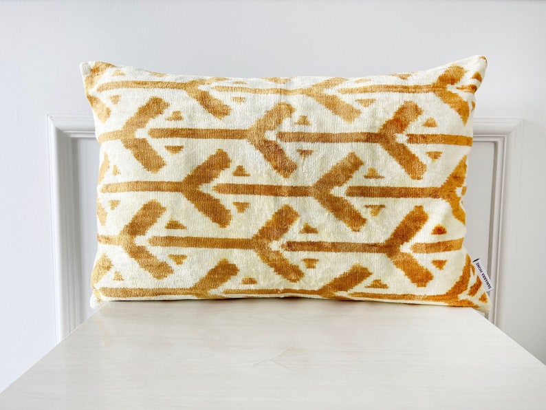 Gold Geometric Pillow Cover, Orange Chevron Velvet Pillow, Silk Ikat Pillowcase, Ikat Cushion, Throw Pillows, Light Brown Lumbar Pillows image 1