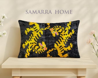 Silk Velvet Ikat Throw Pillow: Black & Yellow Tiger Pattern - Sumatra