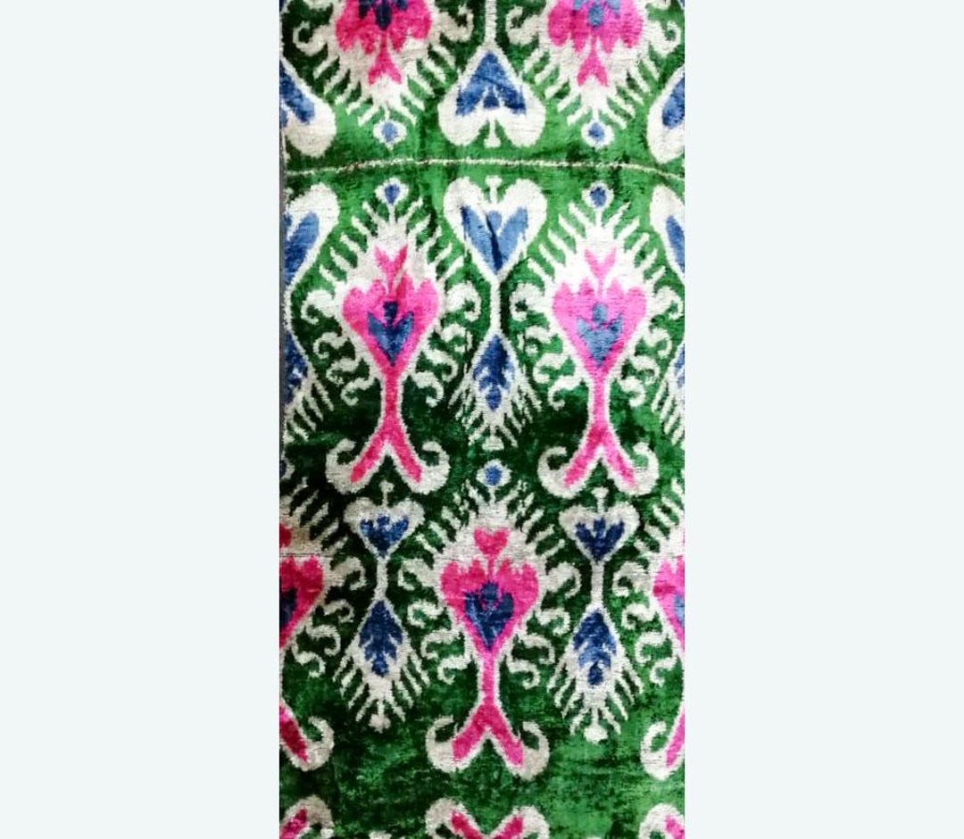 Silk Velvet Ikat Handwoven, Geometric Pattern in Gold, Green & Navy