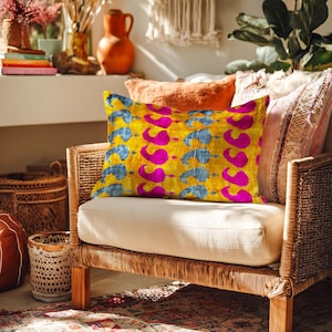 Isfahan - Ikat Velvet Throw Pillow – Golden Yellow Cushion Cover – Peacock Feather Motif – Fuchsia And Indigo Silk Velvet – Bohemian Accent