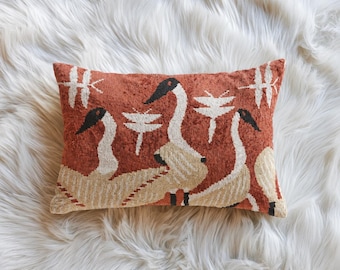 Kyoto - Handwoven Velvet Ikat Pillow Cover: Crane Bird Motif, Feng Shui Terracotta Silk Cushion
