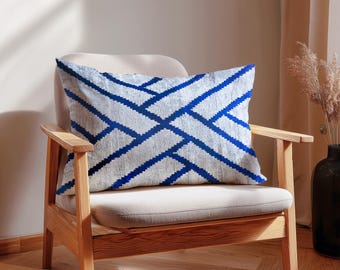Blue Ikat Velvet Pillow Cover: Handwoven Geometric Cushion