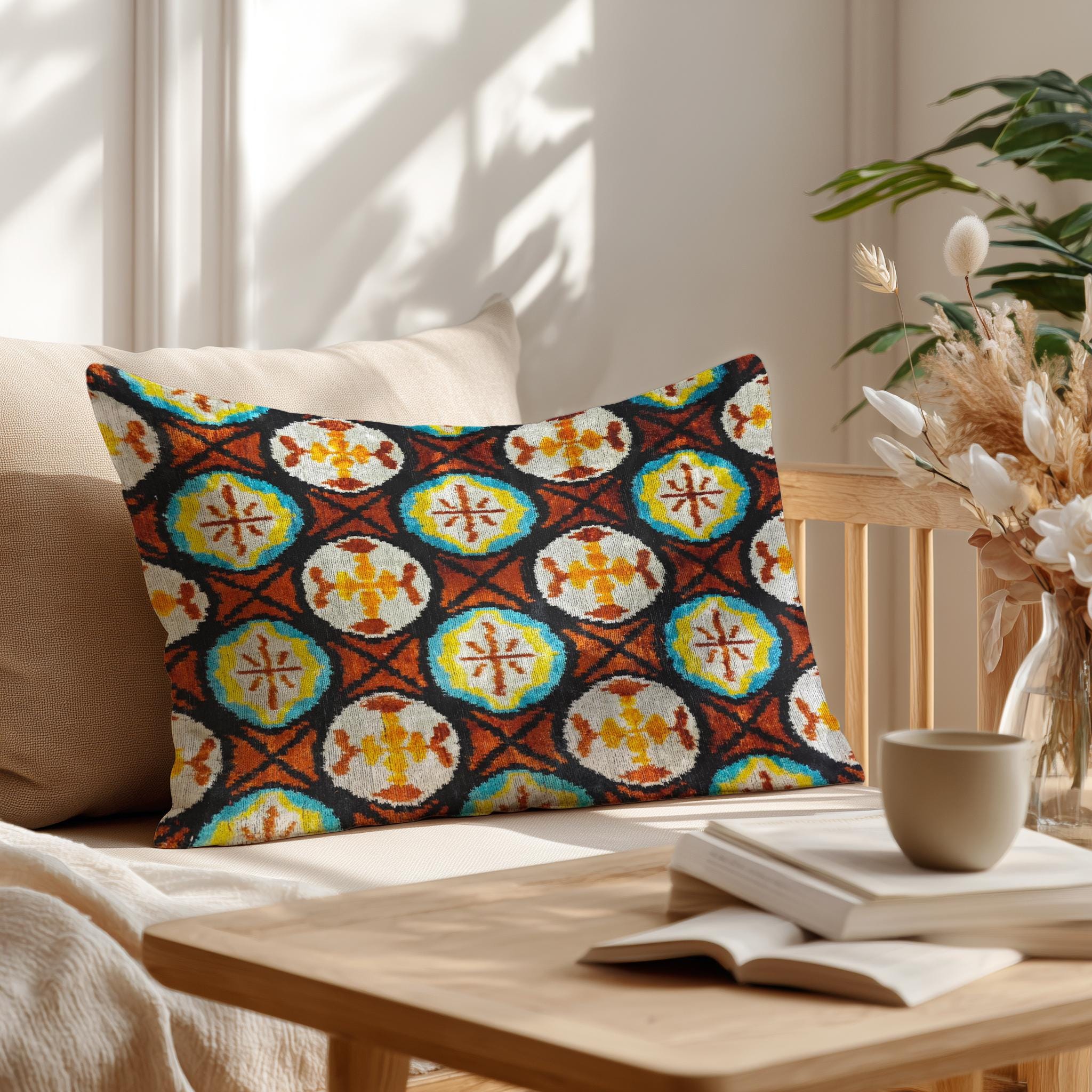 Baghdad - Brown Pillow Cover - Spicy Orange Dots Cushion - Ikat Velvet Pillow - Ottoman Tile Motif - Handwoven Silk Cushion
