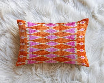 Orange Ikat Velvet Pillow Cover: Handwoven Geometric Cushion, Boho Decor