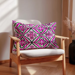 Sapa Velvet Cushion – Fuchsia Green Ikat Pillow Cover – Handwoven Silk Velvet – Bright Ethnic Pattern – Boho Decor Accent – Throw Pillow