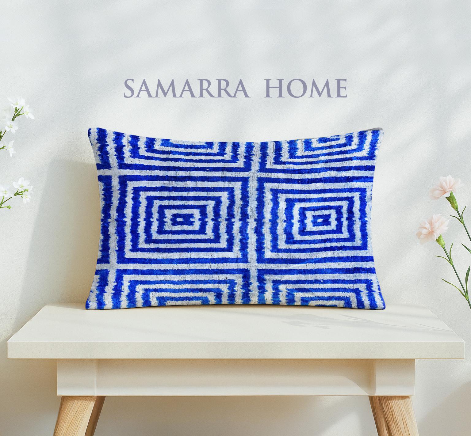 Mykonos – Blue & White Squares Pillow - Geometric Throw Pillow Cover  - Mediterranean Cushion - Handwoven Ikat Pillowcase - Plush Accent