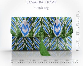 Ikat Velvet Clutch Bag: Handwoven Silk Tassel Evening Purse