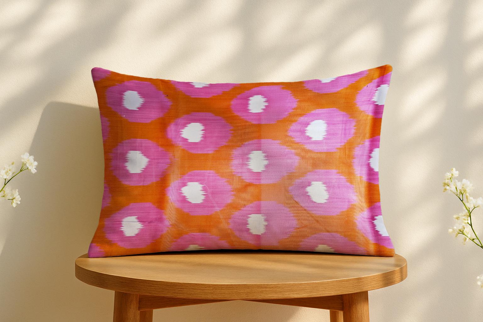 Pink Dot Ikat - Orange And Magenta Circles - Pure Silk Handwoven Fabric - Traditional Uzbek Dyed Pillow Cover