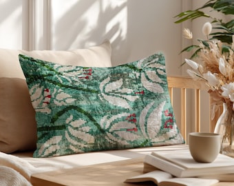 Velvet Ikat Lumbar Pillow: Handwoven Silk Ottoman Tulip Cushion - Florence