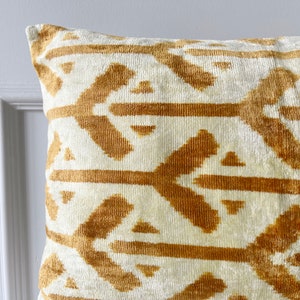 Gold Geometric Pillow Cover, Orange Chevron Velvet Pillow, Silk Ikat Pillowcase, Ikat Cushion, Throw Pillows, Light Brown Lumbar Pillows image 2