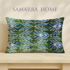 Stockholm – Green Blue Velvet Pillow – Ikat Silk Cushion – Handwoven Throw – 40x60 Plush Lumbar Cover – Modern Decorative Accent