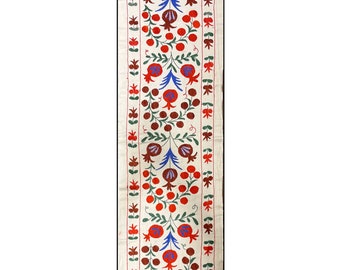 Suzani Table Runner, Wall Hanging, Handmade Uzbek Suzani Hanging, Pomegranate Cotton Suzani, Vintage White Suzani, Embroidered Suzani Decor
