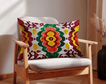 Multicolor Ikat Velvet Pillow – Red Green Yellow Silk Cushion Cover – Vibrant Boho Throw Pillow