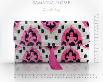 Fuchsia Pink Silk Velvet Clutch Bag with Tassel: Handwoven Ikat Evening Purse