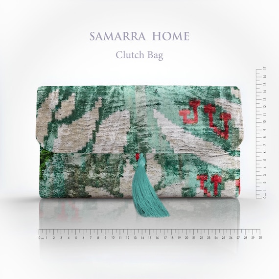 Green Ikat Velvet Clutch Bag: Handwoven Silk Purse with Tassel