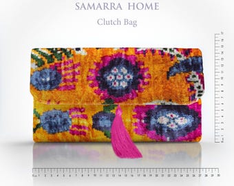 Orange Silk Velvet Clutch Bag with Tassel: Handwoven Ikat Floral Evening Purse