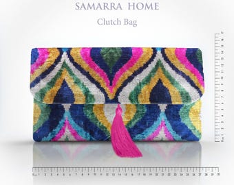 Multicolor Silk Velvet Clutch Bag with Tassel: Handwoven Ikat Evening Purse