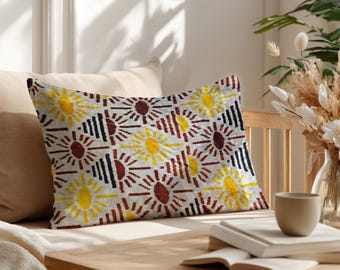 Sunburst Ikat Velvet Throw Pillow Cover – Silk Velvet Blend Yellow Red Geometric Cushion