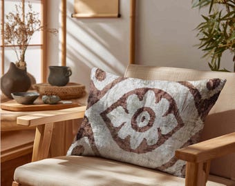 Handwoven Ikat Velvet Pillow Cover: Floral Medallion, Rustic Boho Cushion