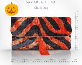 Zebra Ikat Silk Velvet Burnt Orange Clutch Bag: Halloween Evening Purse