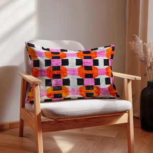 Porto – Pink Orange Throw Pillow – Bold Velvet Ikat Cushion – Geometric Modern Decor – Handwoven Silk Accent – Colorful Sofa Pillow