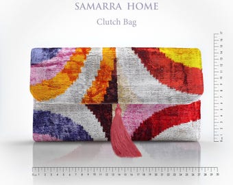 Ikat Velvet Clutch Bag: Handwoven Boho Purse with Silk Tassel