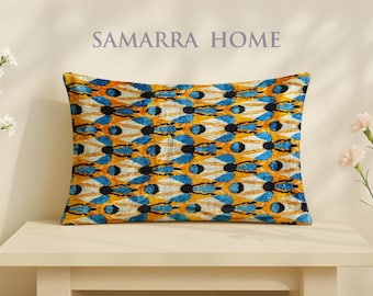 Niamey – Silk Velvet Throw Pillow – Butterfly-Inspired Pattern – Bold Ikat Design – Yellow Blue Accent – Handwoven Cushion Cover