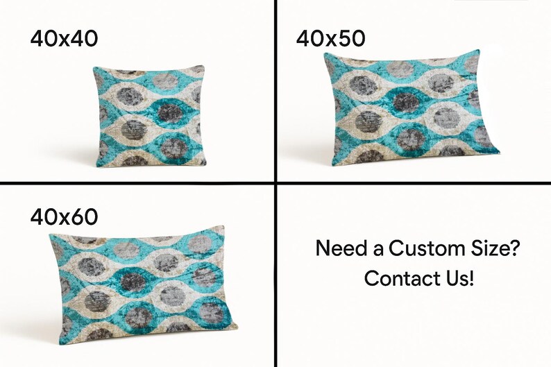 May include: Decorative throw pillows in three sizes: 40x40, 40x50, and 40x60 inches. Each pillow features a teal, gray, and cream-colored pattern. The pillows have a repeating oval design. Text on the image reads: "Need a Custom Size? Contact Us!"