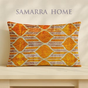 Valencia – Rich Orange Velvet Ikat Pillow – Geometric Artisan Pattern – Soft Handwoven Feel – Bold Decor – Lumbar or Square Sizes