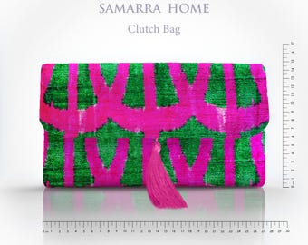 Pink Green Silk Velvet Clutch Bag with Tassel: Handwoven Ikat Evening Purse