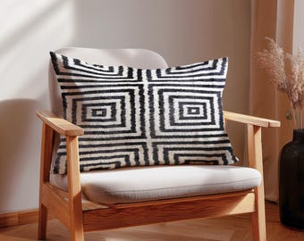 Lisbon – Black & White Pillow - Handwoven Ikat Velvet Pillow – Monochrome Plush Pillow –Geometric Cushion – Lumbar Throw – Boho Home Decor
