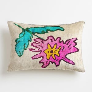 Cartagena – Bold Floral Ikat Lumbar Pillow – Handwoven Velvet Cover – Turquoise Pink Contrast – Playful Pattern – Decorative Accent