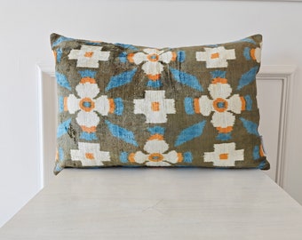 Floral Pillow Cover, Blue Orange Ikat Velvet Pillow, Silk Ikat Pillowcase, White Ikat Cushion, Throw Pillows, Lumbar Pillows