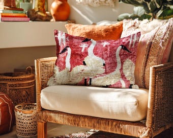 Handwoven Velvet Ikat Pillow: Double-Sided Crane Bird Design
