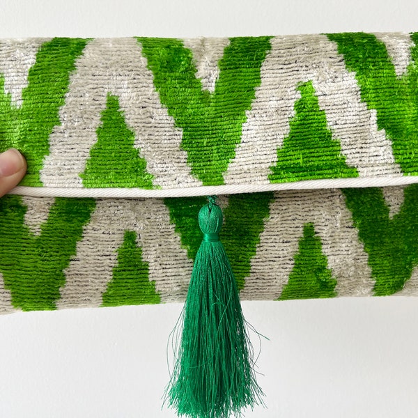 Green Zigzag Handbag, Green Clutch Bag, Ikat Clutch Bag, Velvet Clutch Bag, Evening Bag, Mini Bag, Bag with Tassel, Silk Clutch Bag