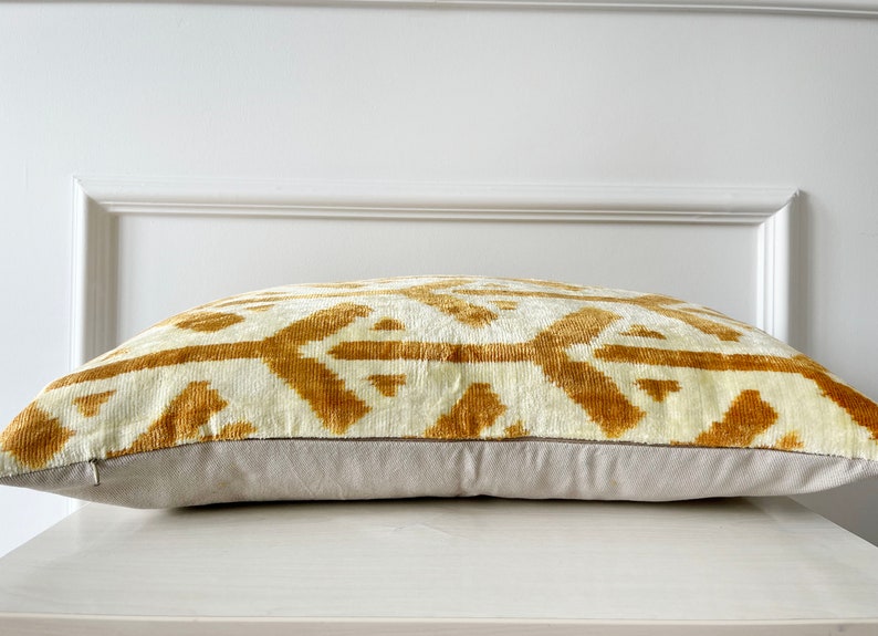 Gold Geometric Pillow Cover, Orange Chevron Velvet Pillow, Silk Ikat Pillowcase, Ikat Cushion, Throw Pillows, Light Brown Lumbar Pillows image 4