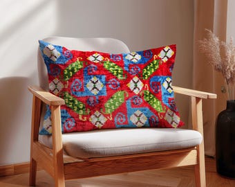 Ikat Velvet Pillow Cover: Handwoven Silk Boho Cushion, Colorful Cross Pattern - Moscow