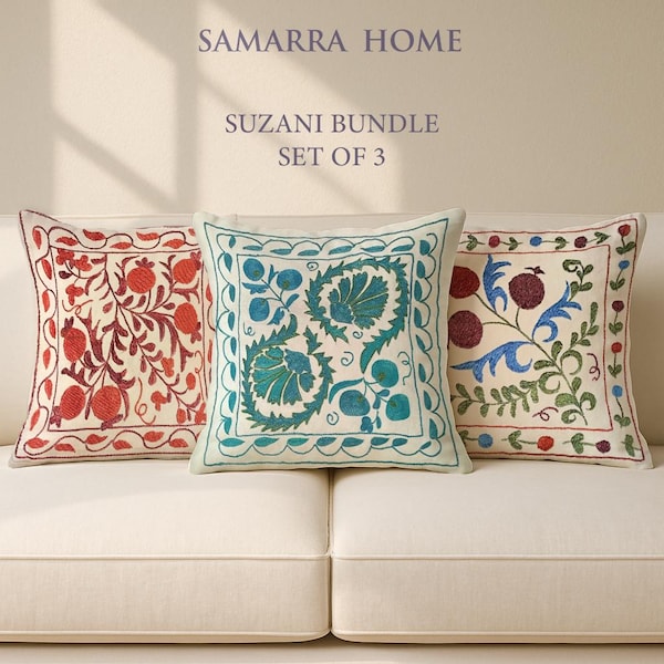 Handmade Suzani Pillow Cover Set of 3: Silk & Cotton Boho Decor