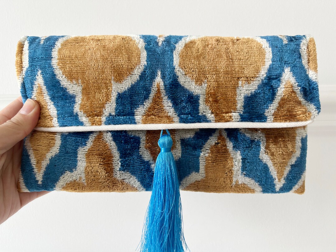 Gold Blue Handbag, Light Brown Clutch Bag, Ikat Clutch Bag, Velvet ...