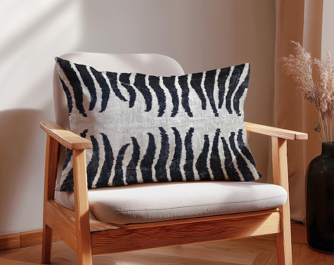 Yakutsk – Zebra Velvet Ikat Pillow – Bold Black & White Stripes – Wild Jungle Vibes – Safari-Inspired Decor – Statement Animal Print
