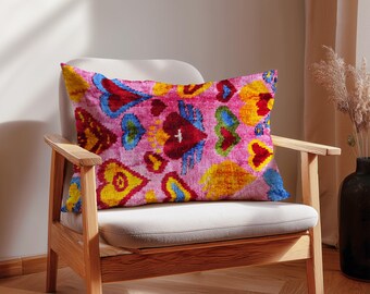 Pink Heart Ikat Velvet Pillow – Colorful Silk Cushion Cover - Prague