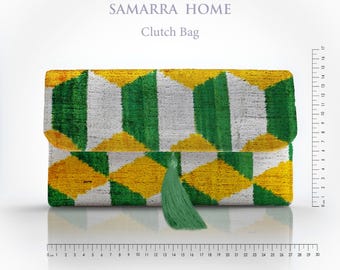 Green Yellow Silk Velvet Clutch Bag with Tassel: Handwoven Geometric Ikat Evening Purse