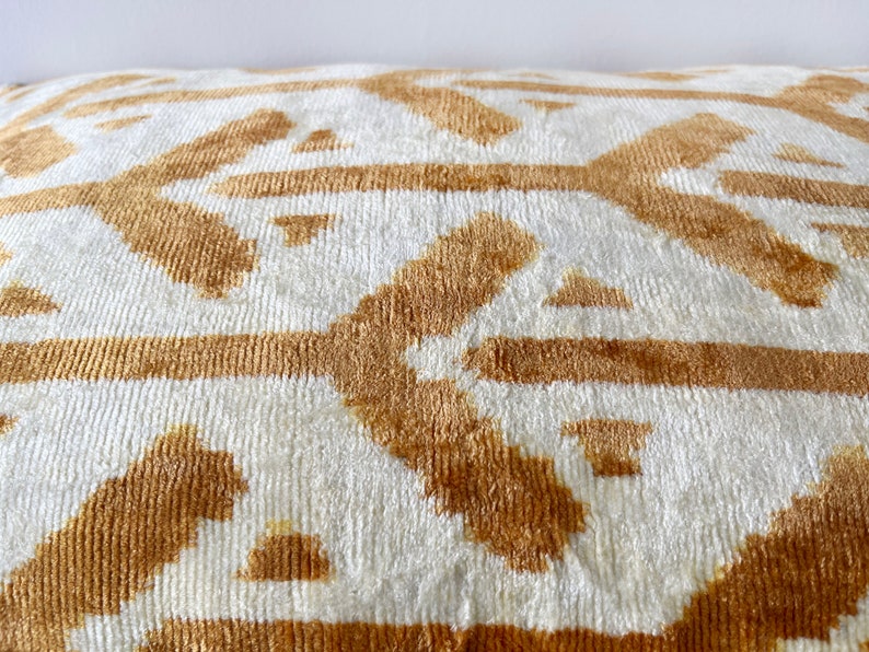 Gold Geometric Pillow Cover, Orange Chevron Velvet Pillow, Silk Ikat Pillowcase, Ikat Cushion, Throw Pillows, Light Brown Lumbar Pillows image 6